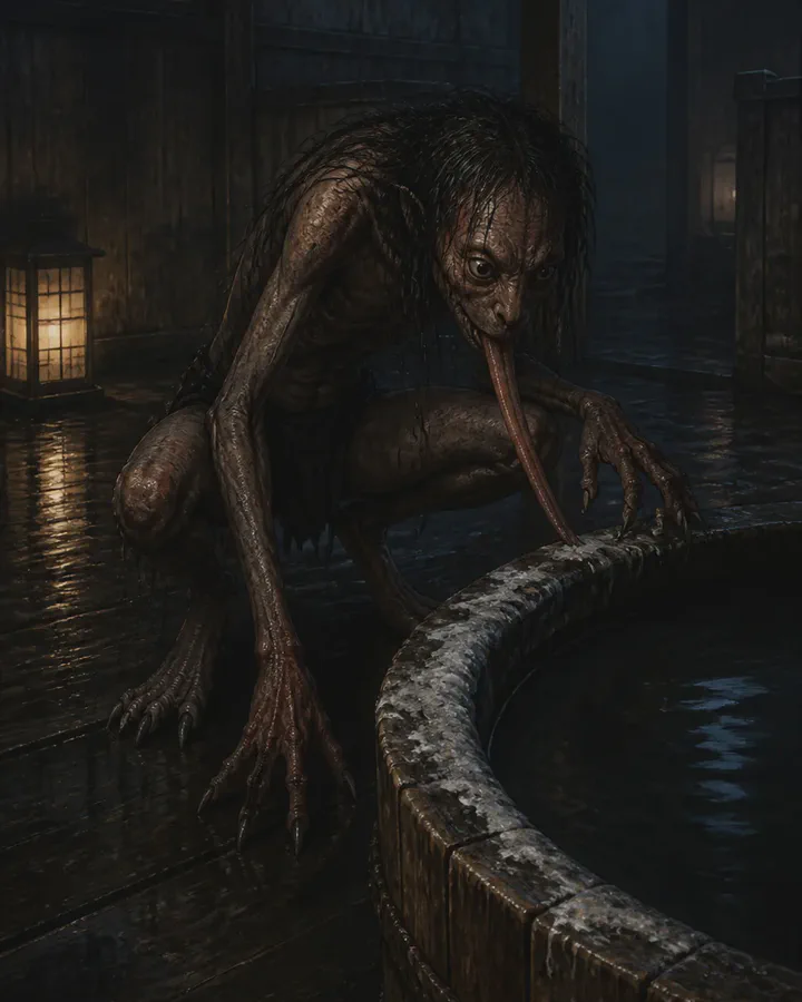 Illustrated dim wooden bathhouse at night, lit by a single lantern, where a thin crouching figure with wet hair and clawed hands extends a very long tongue toward the rim of a round wooden tub