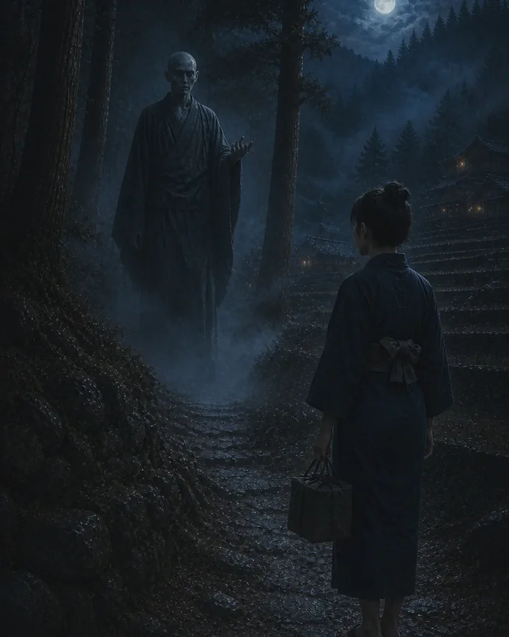 Illustrated moonlit mountain path through dark forest, a young woman in a kimono carrying a small bundle seen from behind, facing a tall pale monk in dark robes standing farther up the path