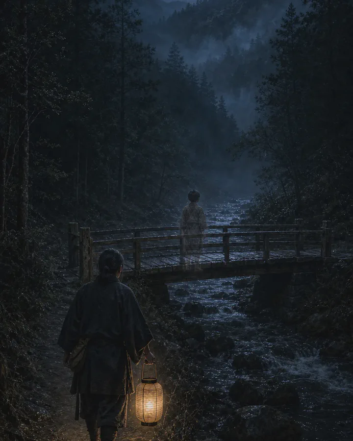 Illustrated moonlit mountain stream where a lantern-carrying traveler sees a patterned-robed boy fading into mist on a wooden bridge