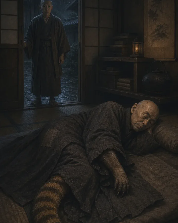 Illustrated sleeping monk beside an iron kettle as furred forelegs and one tanuki tail emerge from his robes