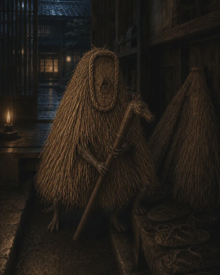 Illustrated figure in a traditional entryway at night, its whole body a shaggy cloak of yellow straw, its face a woven straw sandal, holding a staff, with a second heap of straw behind it