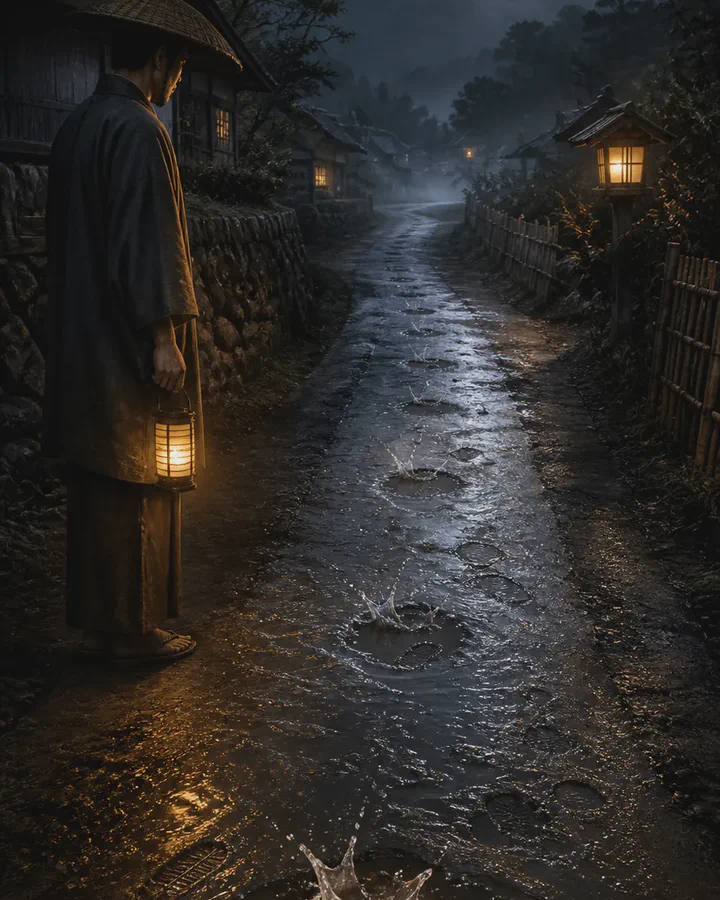 Illustrated wet village lane at night after rain, where a man with a lantern has stepped to the side and stands watching the empty road, on which splashes are rising from the puddles in a line moving away from him