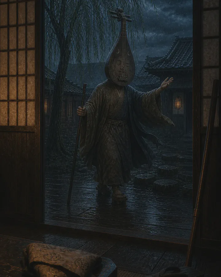 Illustrated figure with a pear-shaped biwa lute for a head, wearing robes and walking in the rain with a staff, seen through the open doorway of a dark room