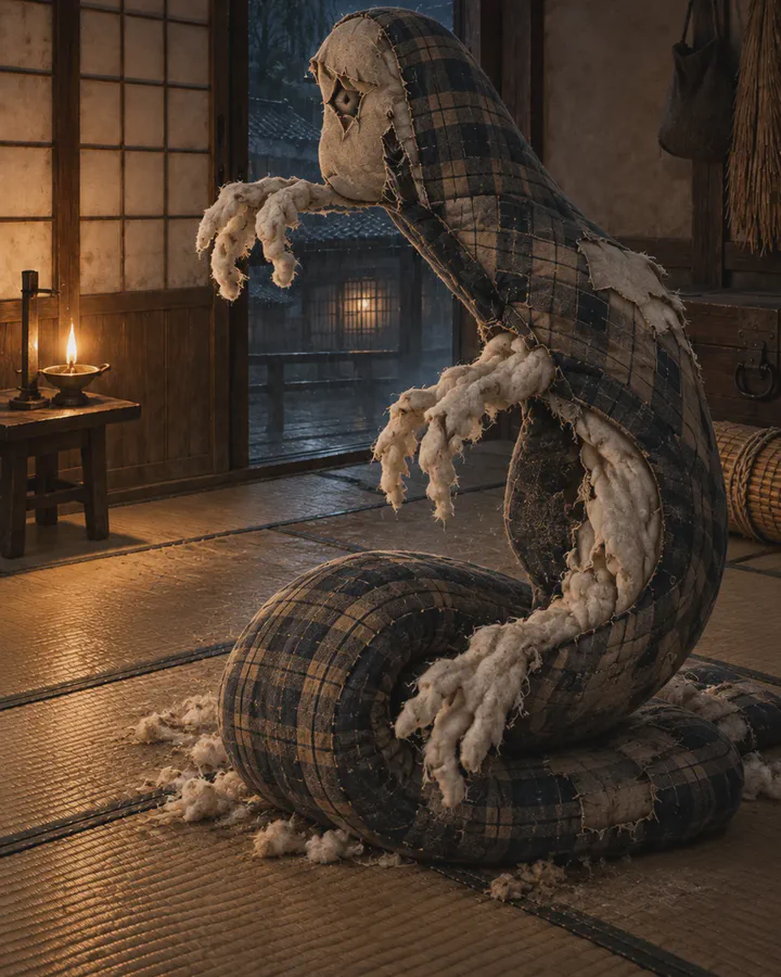 Illustrated worn checked futon coiled on a tatami floor and rising upright like a serpent, tufts of white cotton bursting from its torn seams like hands, a candle and a moonlit doorway behind