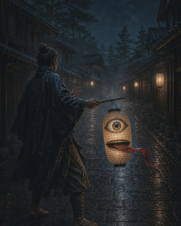 Illustrated man in a dark kimono on a wet night street lined with lanterns, holding out on a pole a paper lantern that has a single large eye and a wide mouth with a paper tongue