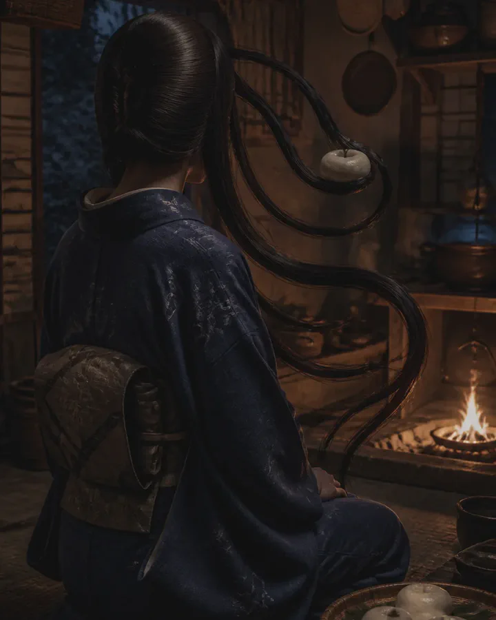 Illustrated woman seen from behind, kneeling in a dim kitchen by a hearth fire, strands of her long black hair lifting like thin arms toward bowls of rice beside her