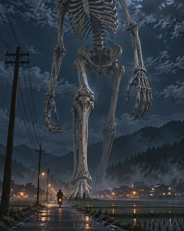 Illustrated enormous skeleton looming over a modern rural road at night, beside telephone poles and power lines, a tiny figure walking below under a full moon