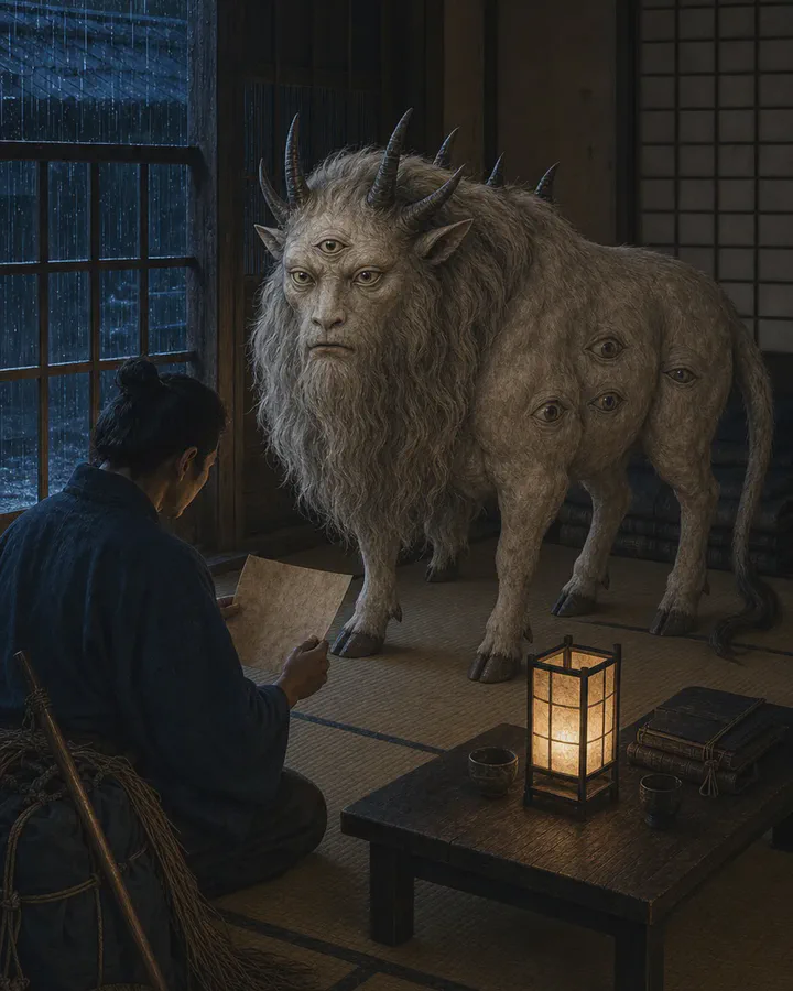 Illustrated night scene in a rain-lit Edo-period inn where a pale, shaggy beast with a human face, three eyes on its brow, six horns and further eyes along its flanks stands on the tatami while a seated traveler studies a printed sheet