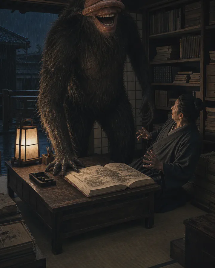 Illustrated night scene in a rain-lit Edo-period study where a huge black-haired, human-shaped beast leans over a low desk and laughs, its long upper lip rolled up across its eyes, while a seated scholar recoils from an open illustrated encyclopedia