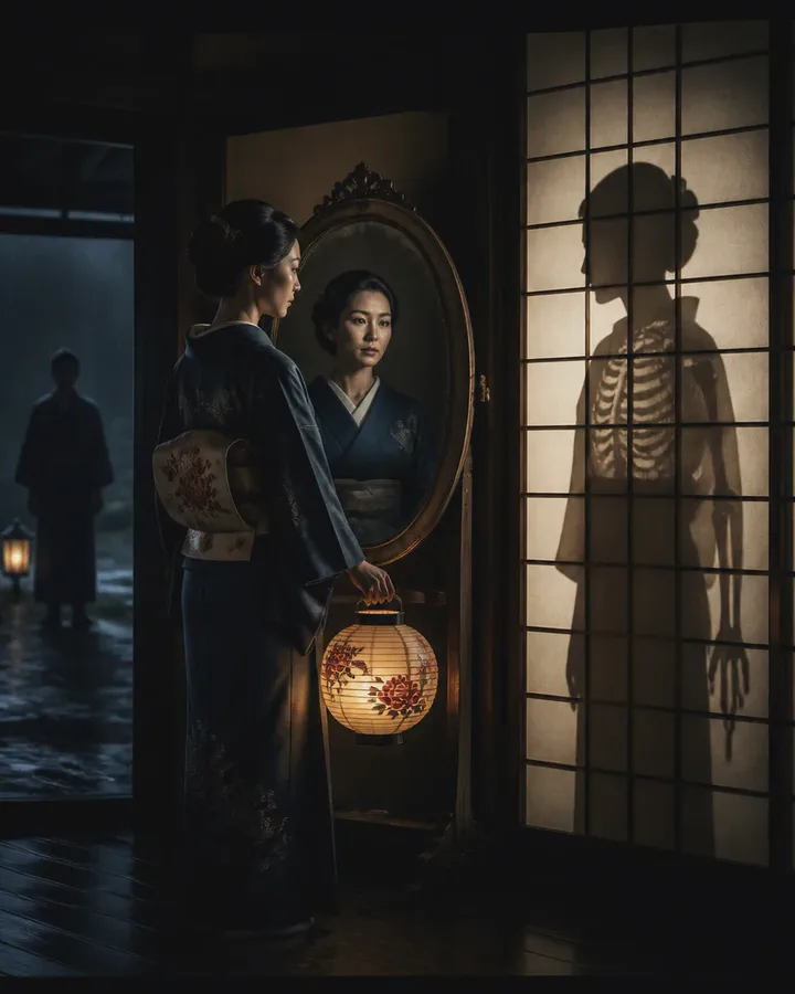 Illustrated woman in a kimono holding a glowing peony-patterned lantern before a mirror in a dark room, while the paper screen beside her shows the shadow of a skeleton