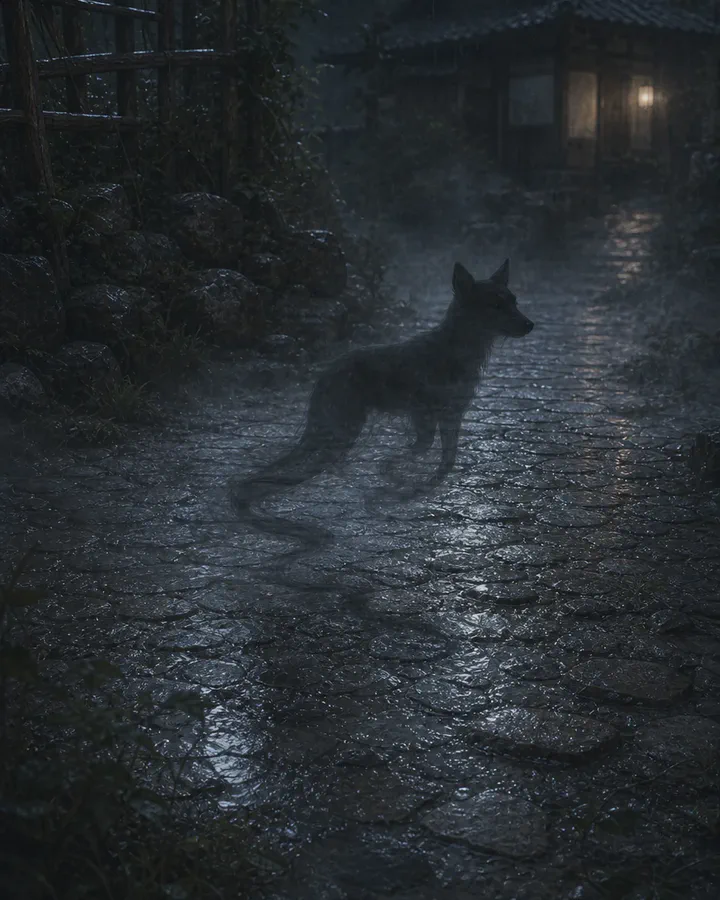 Illustrated rainy night lane in a mountain village where an indistinct dog-like shape stands on wet stones, half-dissolved into mist, before a shuttered house with one lit window