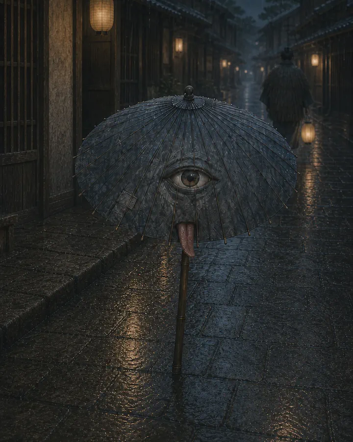 Illustrated rainy night street where a worn blue-grey paper umbrella with a single large eye balances on one leg formed by its handle, tongue extended