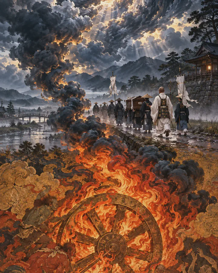 Illustrated stormy sky over a funeral procession on a wet road, a burning wheel and swirling flames in the foreground, mourners in white carrying a closed coffin toward a temple