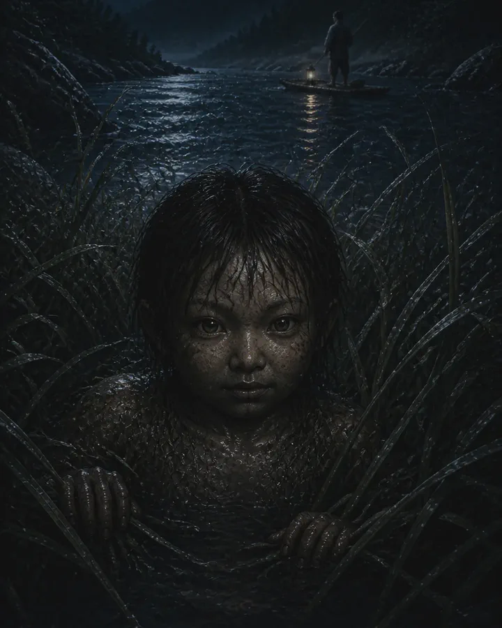 Illustrated moonlit mountain river at night where a small infant-shaped figure with wet hair and dark reflective eyes rises among tall water grasses, gripping the stems, while an angler stands on a lantern-lit raft further upstream