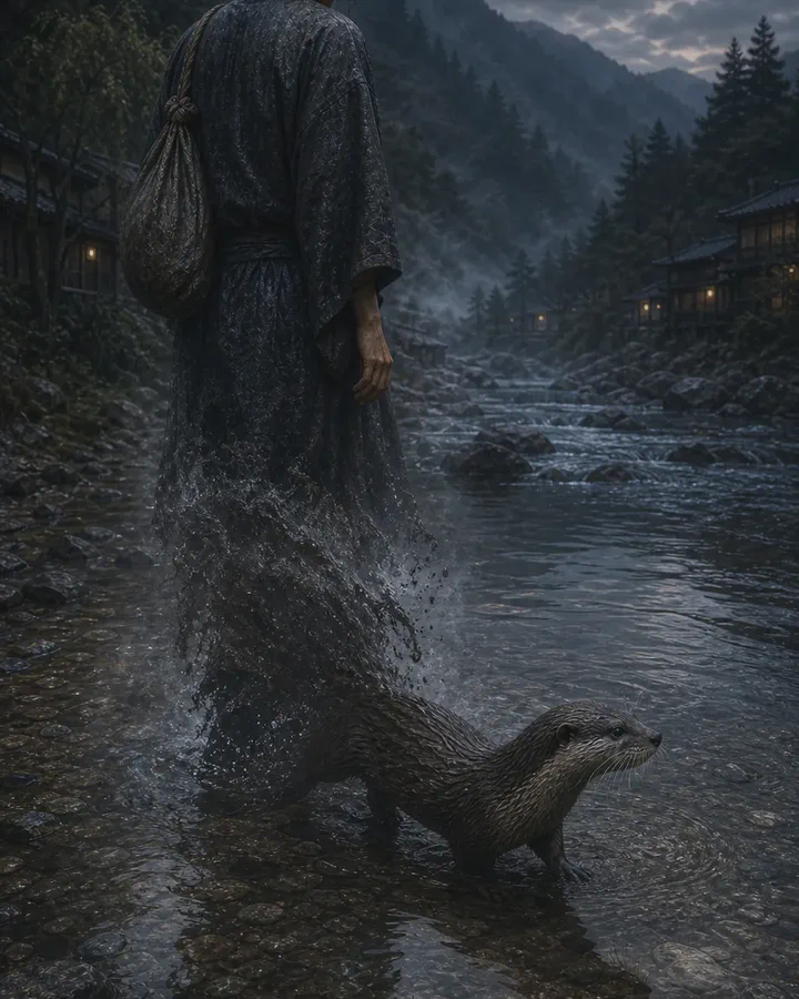 Illustrated riverside path at dusk where a grey-clad figure with an unseen face stands at the water's edge in mist, wet footprints behind it and an otter's head breaking the surface