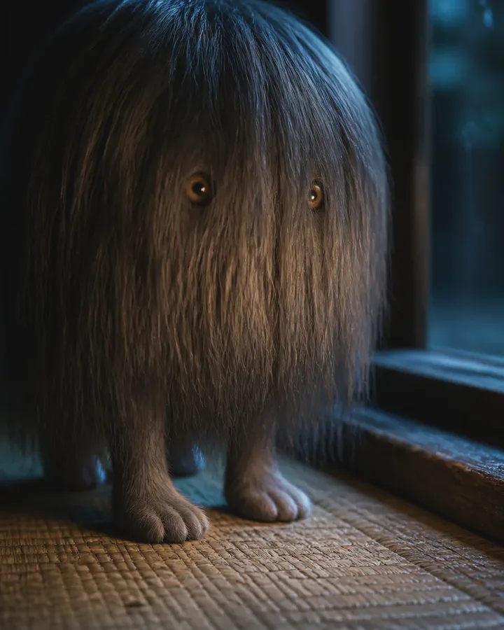 Illustrated small creature entirely covered in long straight brown hair, with two small eyes and bare feet showing, standing on a tatami floor beside a dark wooden threshold