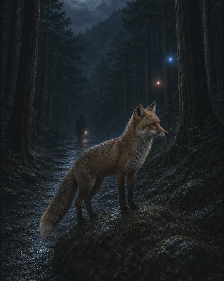 Illustrated Japanese red fox standing on a rain-dark mountain path between blurred blue and red foxfires