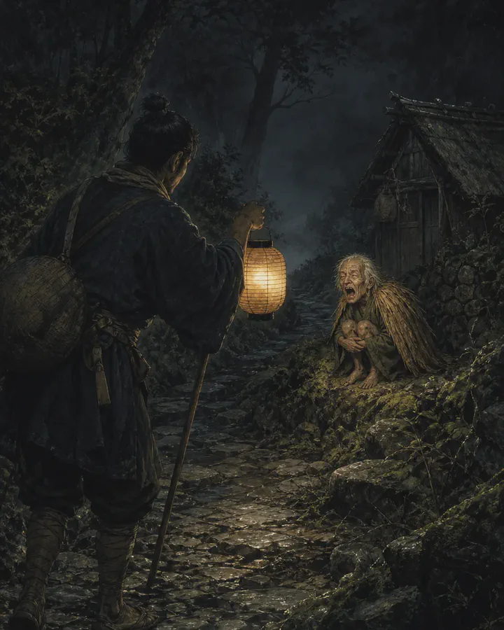 Illustrated night on a stone mountain path where a traveller holding a lantern has stopped, looking toward a small old man in a straw cape crouched on the bank beside a hut, mouth open in a cry