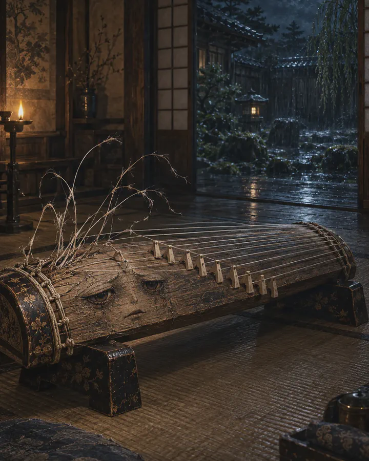 Illustrated long wooden koto lying on a low stand in a dim tatami room at night, a face carved into its end and a tangle of loose strings rising from it like hair, a moonlit garden beyond the open doors