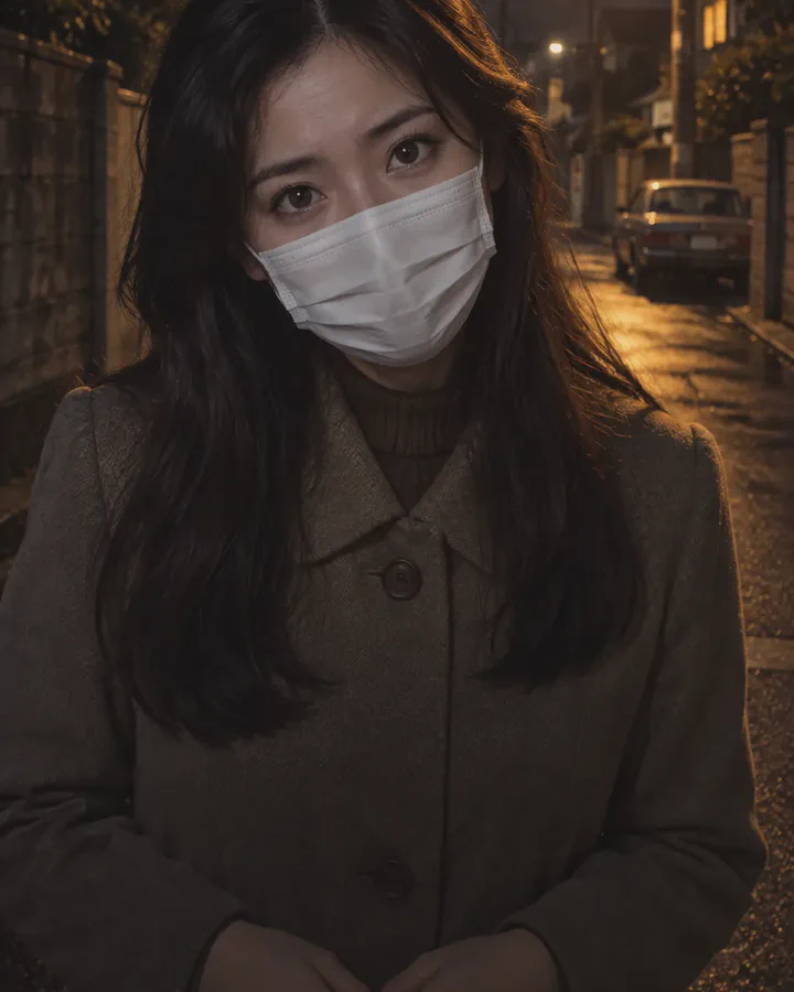 Illustrated young woman with long black hair and a white surgical mask standing on a dim residential street at dusk, streetlights and utility poles behind her