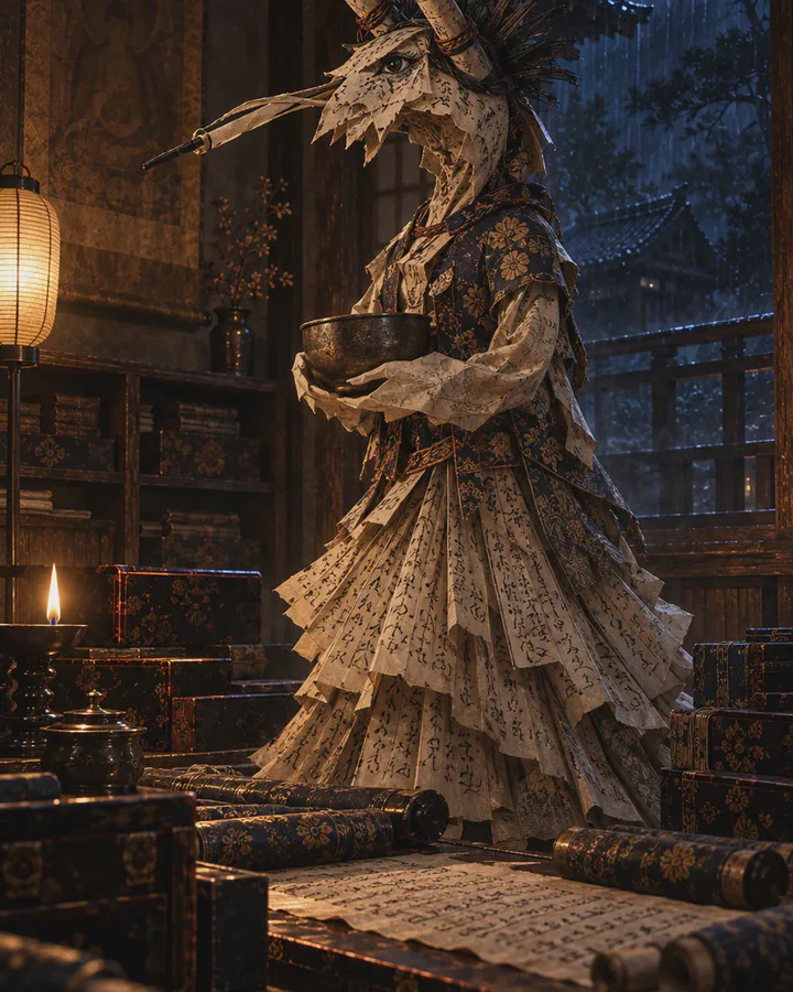 Illustrated tall figure made of sutra scrolls and folded scripture pages, two scrolls rising from its head, a pointed paper face, a fan-like skirt of pages, holding a small bowl in a dim temple library scattered with scrolls