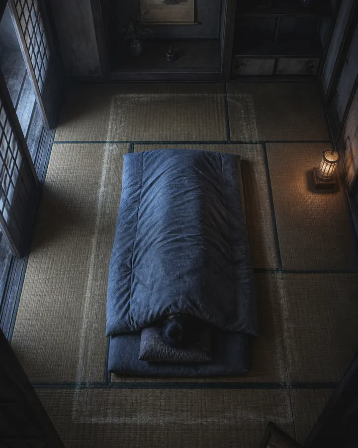 Overhead view of a dim tatami room before dawn, a single dark futon laid out with its pillow at the end farthest from the hanging scroll in the alcove