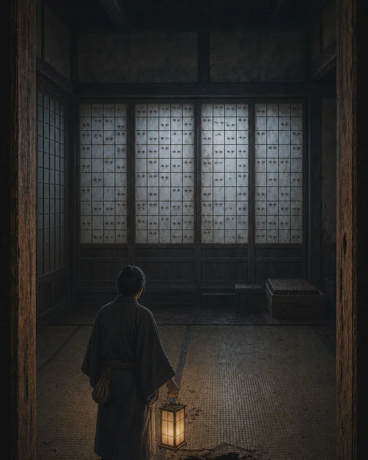 Illustrated abandoned Edo-period room where a lantern-carrying traveler faces many pairs of eyes across four old shoji panels