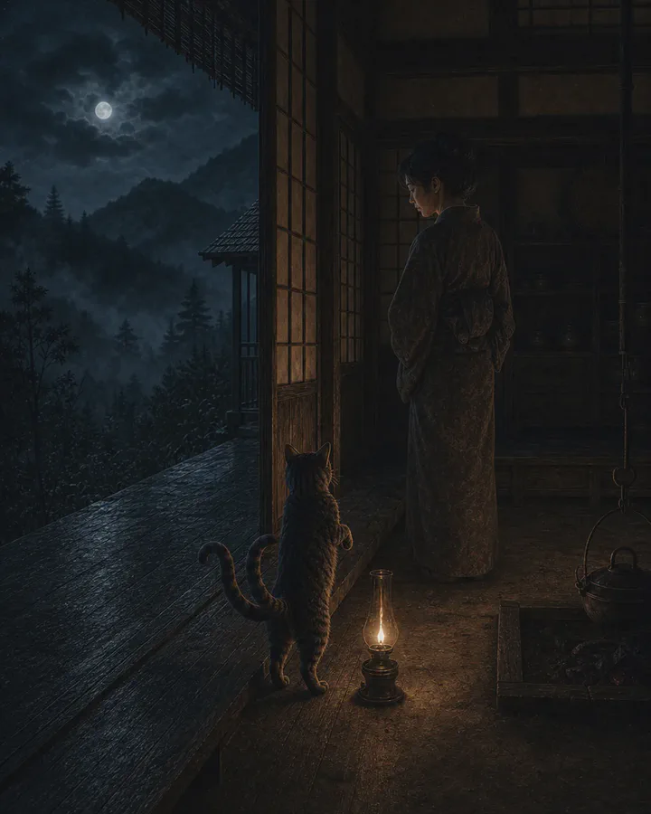 Illustrated old two-tailed tabby cat standing on its hind legs beside a lantern as a woman watches from the veranda of a mountain house at night