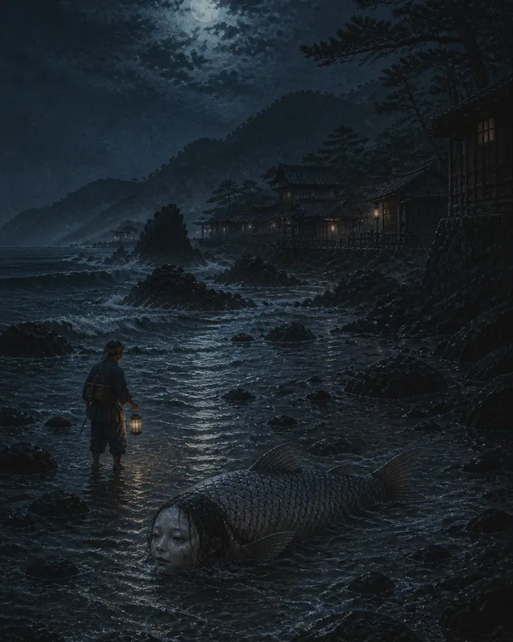 Illustrated moonlit rocky shore below a lantern-lit coastal village, where a large dark fish lies in the shallows with a pale human face at the front of its body, watched from a short distance by a standing figure holding a lantern