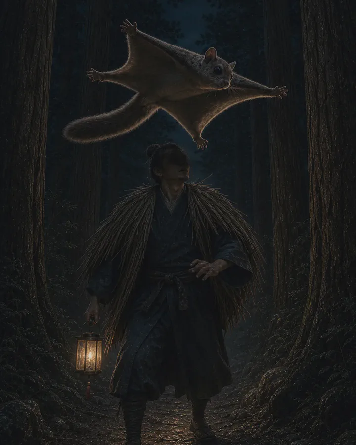 Illustrated night scene on a cedar-lined mountain road where a grey-brown flying squirrel glides low with its membrane spread, passing close above a lone traveler