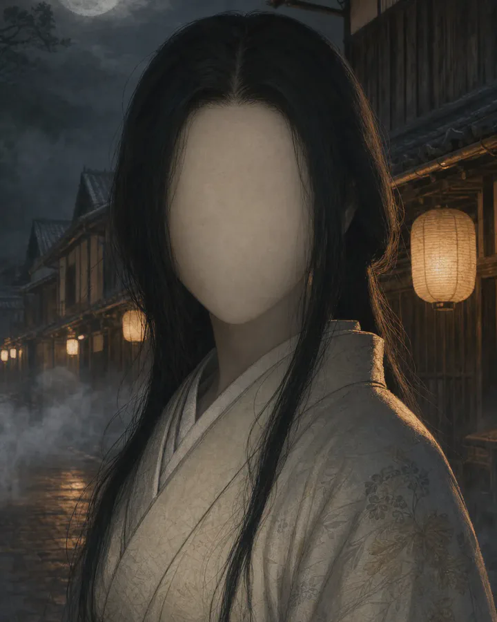 Illustrated night scene of a long-haired figure in a pale kimono standing on a misty lantern-lit street, with a smooth featureless surface where the face should be