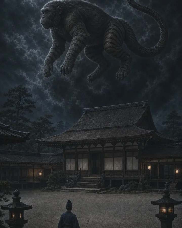 Illustrated night scene of a palace courtyard where a large creature with a monkey-like head, tiger-striped limbs and a snake tail hangs in black cloud above the hall, watched by a lone archer
