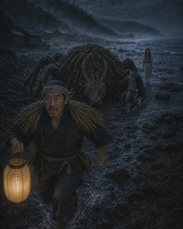 Illustrated moonlit shore where a fisherman in a straw cape runs toward the viewer with a paper lantern while a large armored creature advances behind him and a long-haired woman in white stands still in the shallows