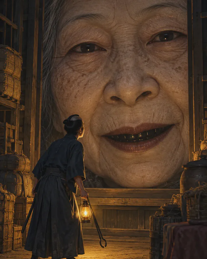 Illustrated enormous face of a smiling old woman with blackened teeth filling a dark wooden doorway, while a young man in a kimono stands before it holding a lantern