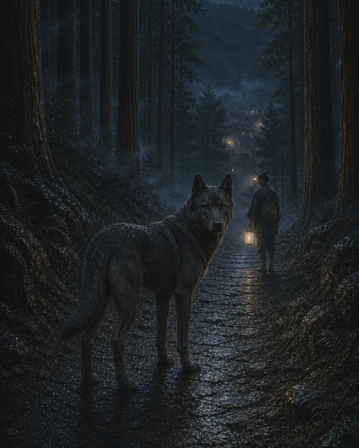 Illustrated rainy night on a stone mountain path where a lean grey-black mountain dog stands watching, with the lamplit doorway of a wooden house beyond