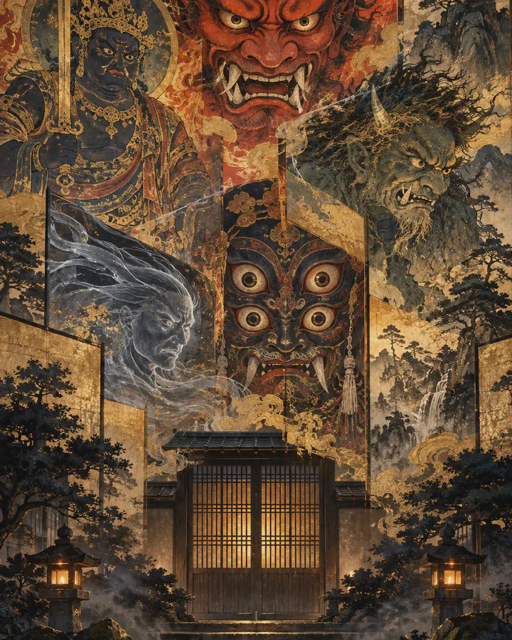 Illustrated layered composition of a red horned oni mask with fangs at the top, a four-eyed ritual mask and shadowy figures below, and a lit temple gate at the foot, in gold and dark tones