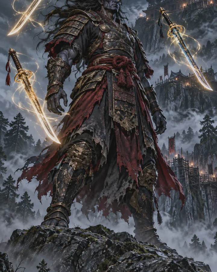 Illustrated armoured demon with horns and a tattered red sash standing on a mountain crag at night, three glowing swords circling in the air around him