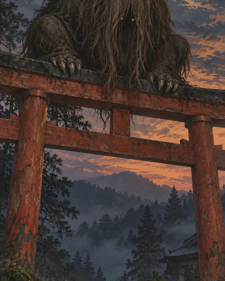 Illustrated hunched creature covered in long shaggy brown hair, crouched on top of a red torii gate at dusk, a shrine path and misty hills below