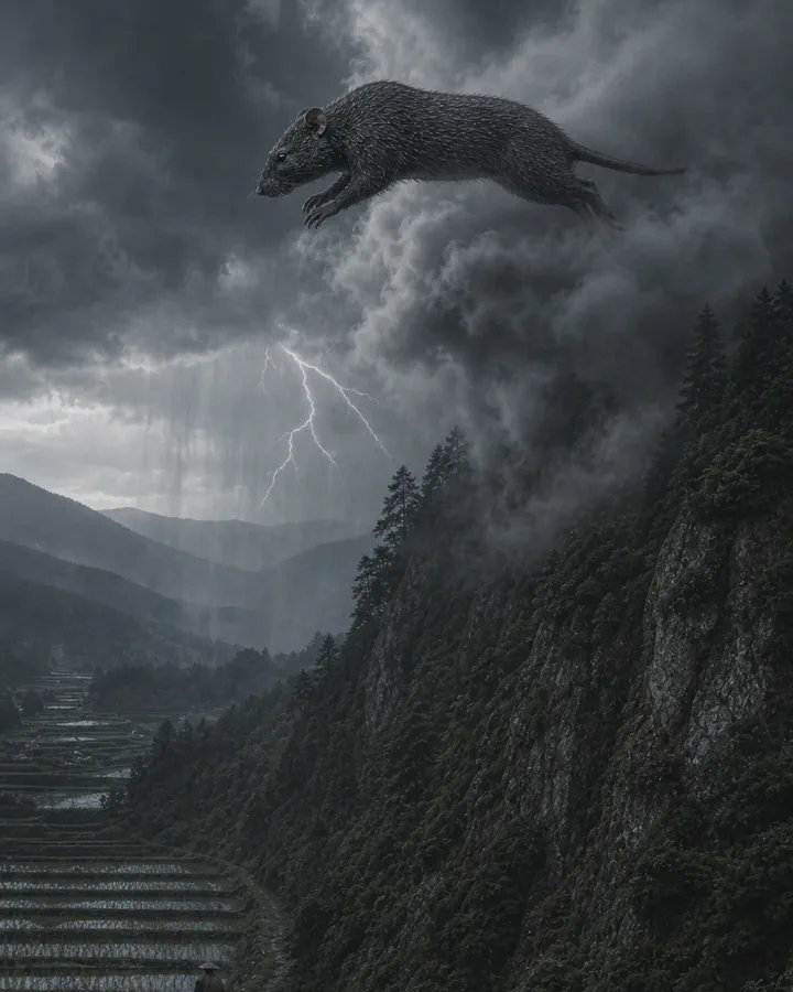 Illustrated summer night on a mountainside where a wet-furred grey-black animal the size of a large weasel crouches at the mouth of a hole as storm clouds gather above the rice fields