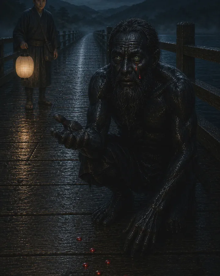 Illustrated moonlit night on a long wooden bridge over a lake, where an ink-black human-shaped creature with green eyes and a matted beard crouches with one hand held out, a crimson tear on its cheek and small red gems scattered across the wet planks, while a man with a paper lantern stands watching further along the bridge