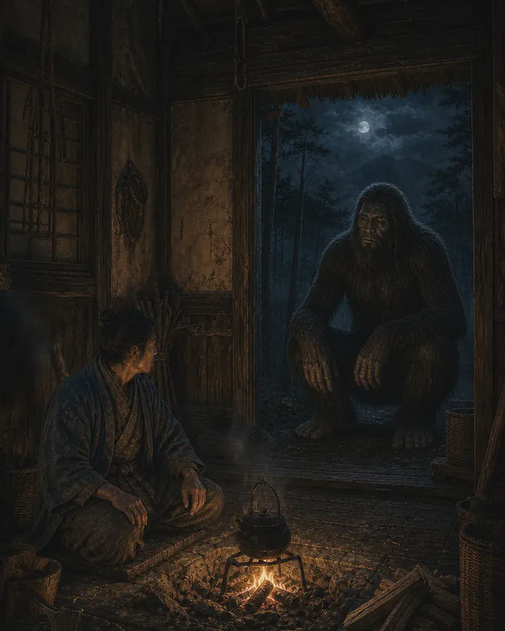 Illustrated night in a deep mountain forest where a tall dark long-haired figure stands among the trees beyond a small hut, watching a lone traveller who has stopped on the path