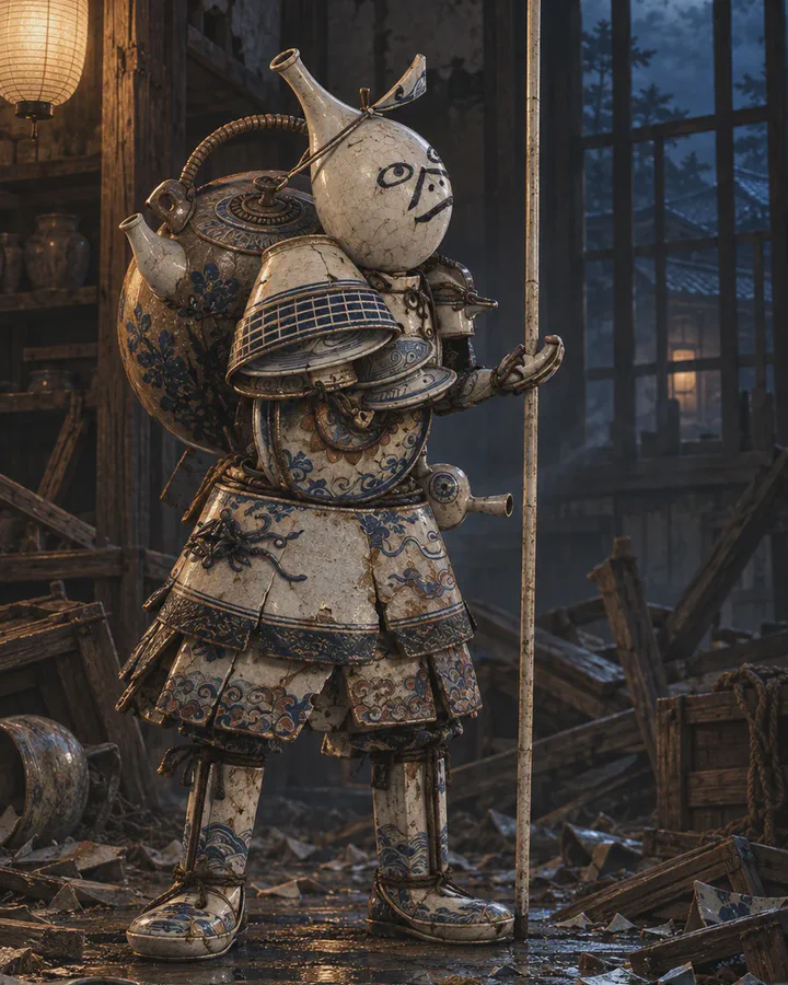 Illustrated warrior figure assembled from blue-and-white porcelain, a sake flask for a head, plates and bowls for armour, a large kettle on its back, holding a tall staff, standing among broken crockery and splintered boxes at night