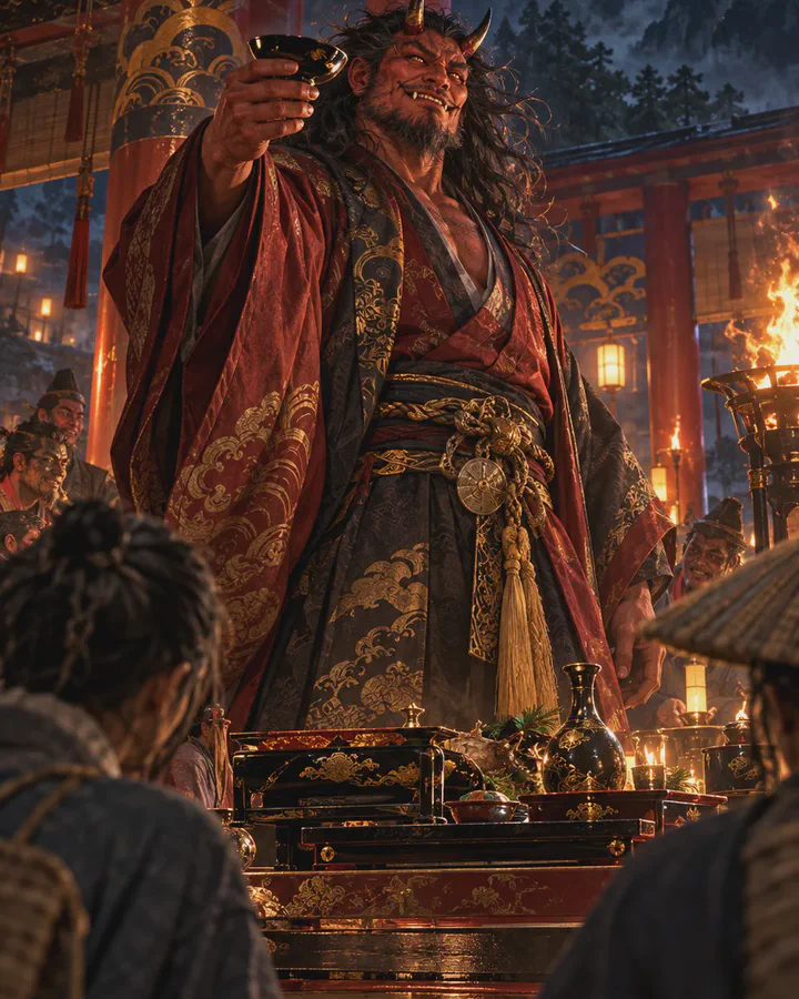 Illustrated red-faced oni lord in rich robes raising a sake cup at a banquet in a red-lacquered hall, seen over the shoulders of seated guests