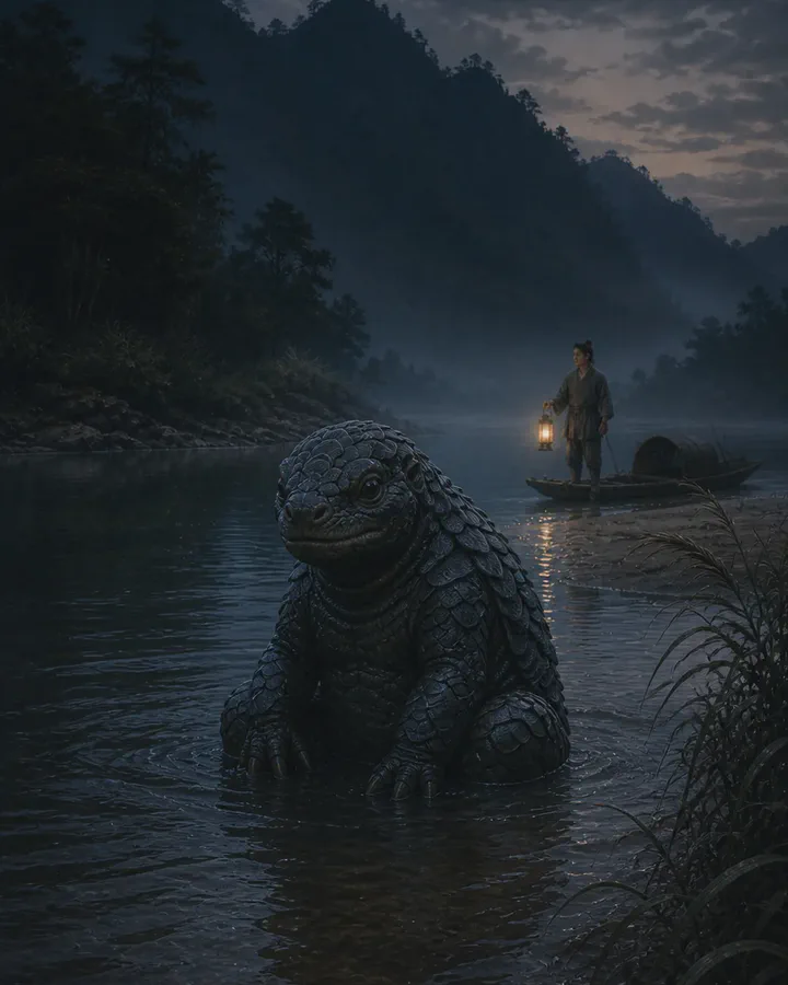 Illustrated dusk on a wide river below forested hills, where a squat creature covered in overlapping grey-green scales sits in the shallows near the bank with its clawed limbs braced, while a boatman with a lantern stands on a punt further out