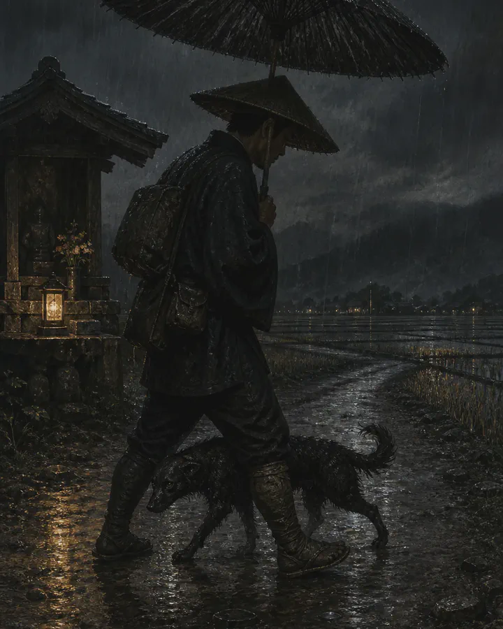 Illustrated rainy night on a path between flooded rice paddies where a traveller under an oiled umbrella walks past a small wayside shrine, with a low dark dog-shaped animal moving close against his legs