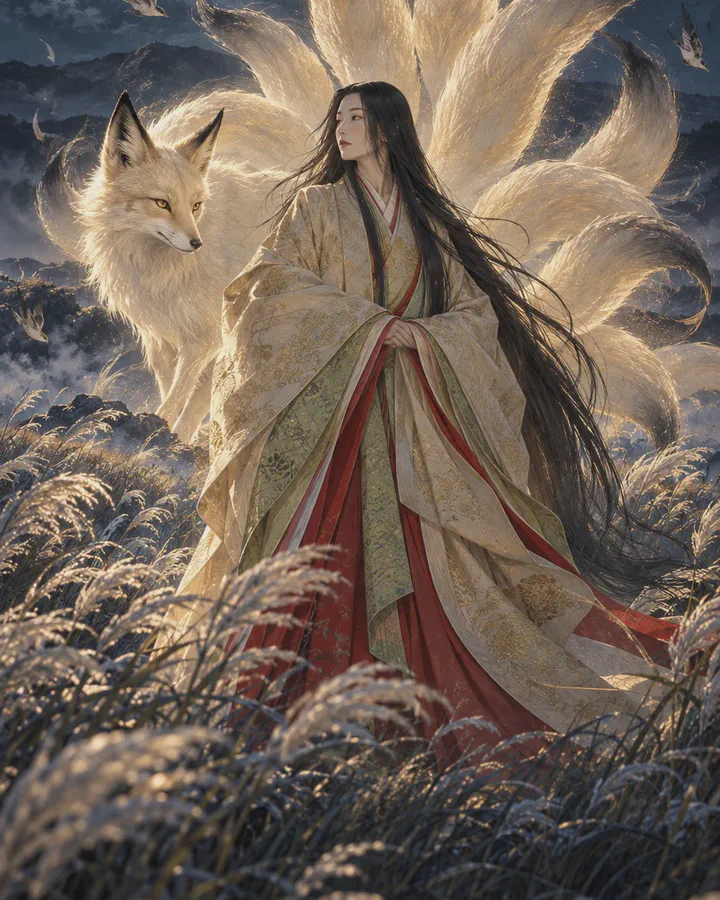 Illustrated court lady in white and red layered robes with long black hair standing in a moonlit field of pampas grass, a pale fox at her side and nine glowing white tails fanned out behind her