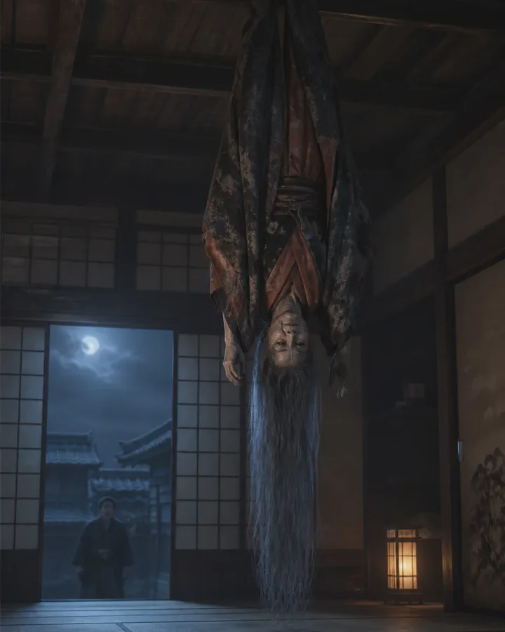 Illustrated dark wooden farmhouse interior with heavy beams, where a figure in a patterned robe hangs head-down from the ceiling, long hair falling toward the floor, a lantern glowing below