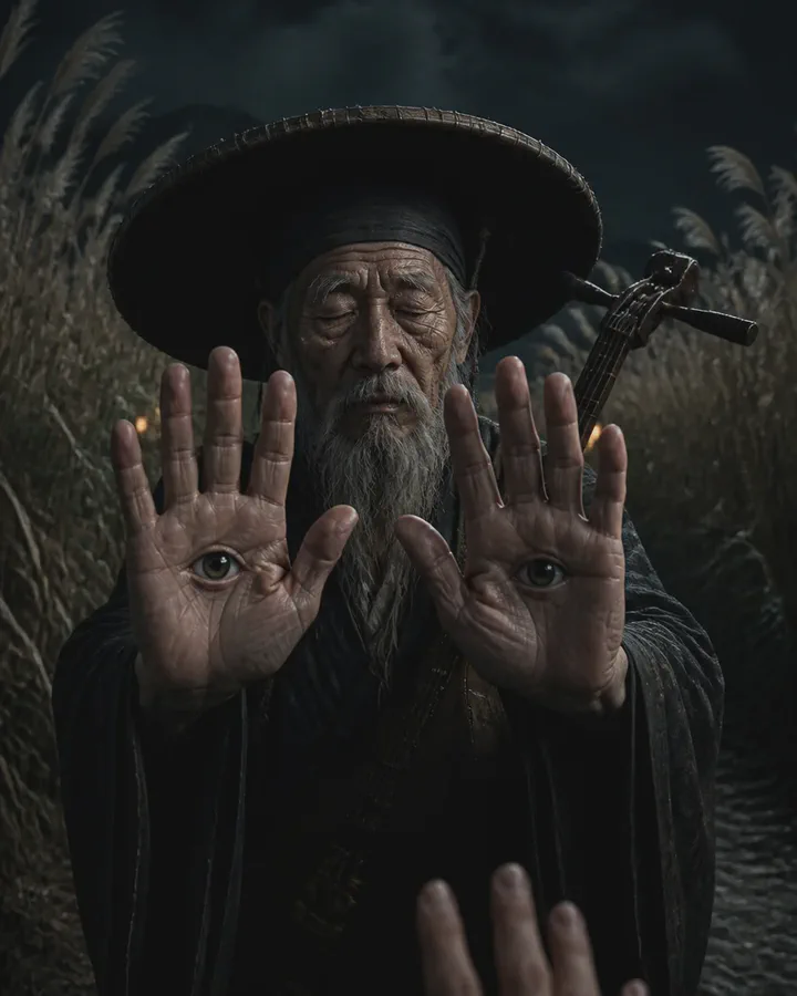 Illustrated elderly man in a wide straw hat and dark robe, a biwa slung on his back, holding both palms toward the viewer under a full moon, each palm with a single open eye