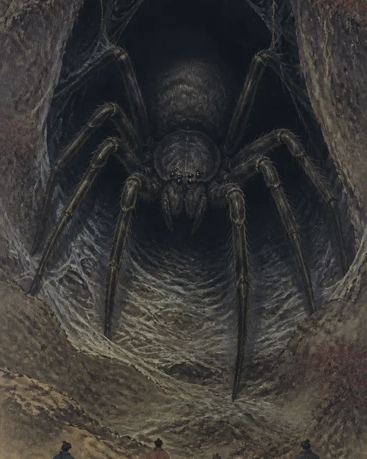 Illustrated dim interior of an old residence at night where an immense dark spider looms behind a figure lying on a sickbed, strands of pale silk drifting across the room
