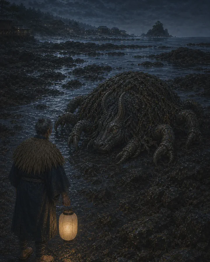 Illustrated night shore where a horned bull-like head on a low clawed body rises among wet rocks at the tideline, seen at a distance from the water